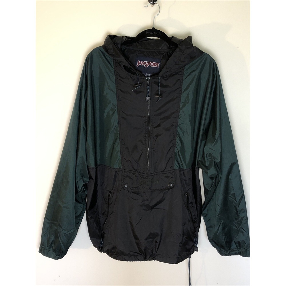 Vintage Jansport Mens Large Zip Jacket Windbreaker Green Hooded Pullover